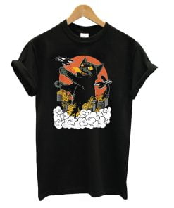 Black Japanese Catzilla Sunset T-Shirt